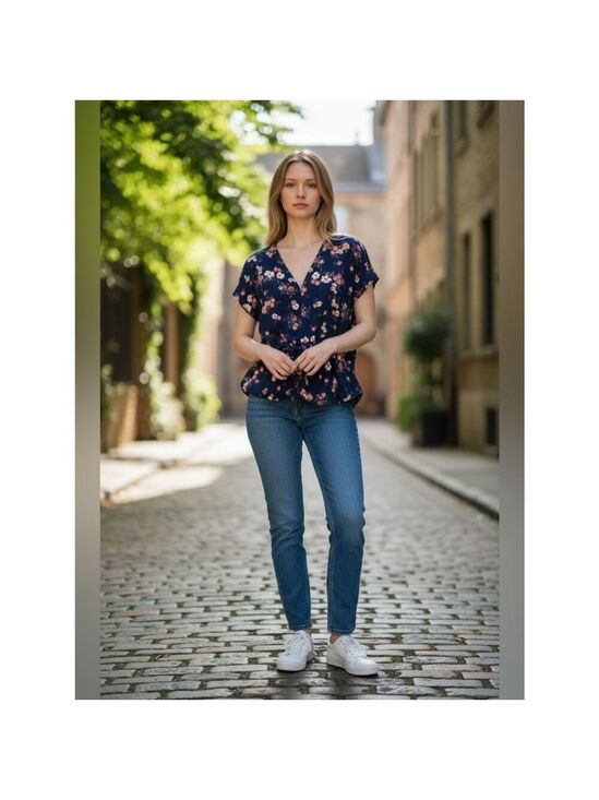 cicibird Tops - Blue/Pink Floral Blouse